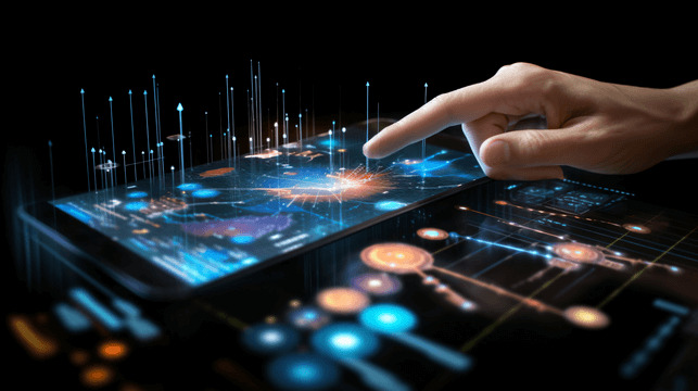 Hand touching a glowing data tablet